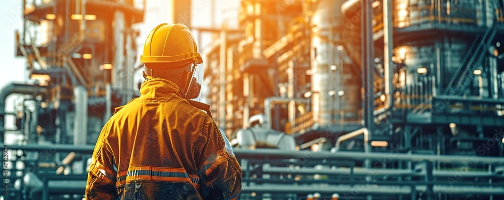 A worker in safety attire gazes at the place where they work in an oil and gas industrial area. Technology, Safety, Environment and Industrial work concept. Generative Ai