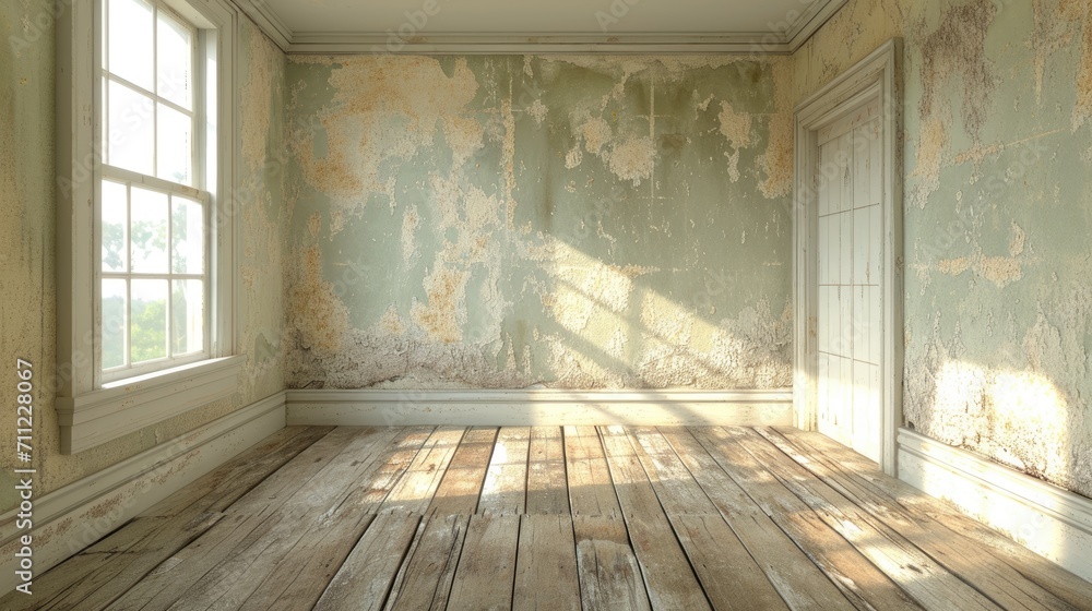 Empty abandoned room with light shining from the window. Empty living room with sunlight shine, wooden floor, dark wall. Renovate, Old house. Old room without renovation