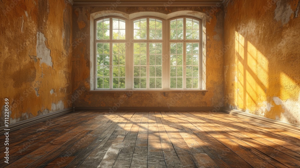 Empty abandoned room with light shining from the window. Empty living room with sunlight shine, wooden floor, dark wall. Renovate, Old house. Old room without renovation Empty abandoned room with light shining from the window. Empty living room with sunlight shine, wooden floor, dark wall. Renovate, Old house. Old room without renovation
