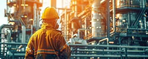 A worker in safety attire gazes at the place where they work in an oil and gas industrial area. Technology, Safety, Environment and Industrial work concept. Generative Ai