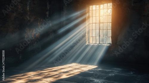 Empty abandoned room with light shining from the window. Empty living room with sunlight shine, wooden floor, dark wall. Renovate, Old house. Old room without renovation