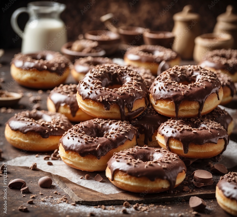 Chocolate donuts with chocolate glaze on rustic wooden background Chocolate donuts with chocolate glaze on rustic wooden background
