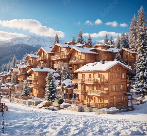 Wooden houses in the mountains in winter. Carpathians, Ukraine, Europe.