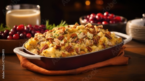 Experience a mouthwatering evolution of flavors as you explore the delicately balanced cornbread stuffing, where the sweetness of dried cranberries harmonizes with the savory presence of