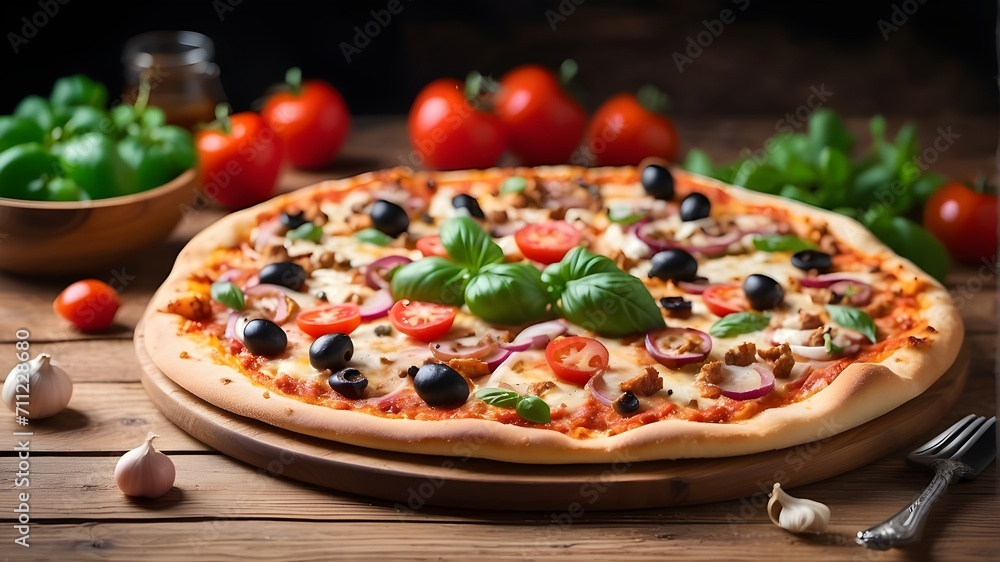 pizza with mushrooms and tomatoes,Tasty freshly made pizza presented on a wooden table.