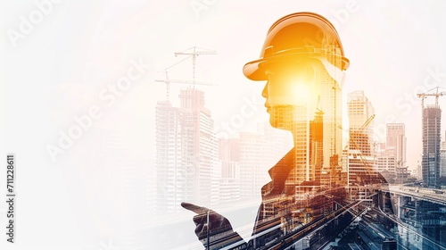 Double exposure of engineer in safety helmet with oil plant. The synergy of industrial, technology, safety, and environmental work concepts. Generative Ai