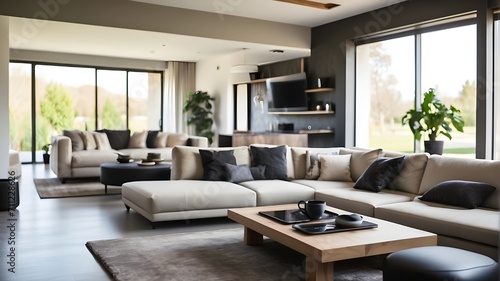 modern living room with fireplace,Control panel for smart home in contemporary