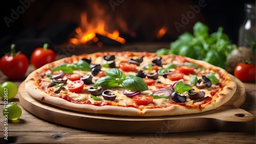pizza with tomatoes and olives,Tasty freshly made pizza presented on a wooden table.