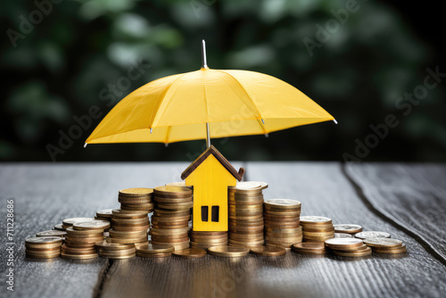 Financial safety, depicting a small yellow umbrella over a pile of coins and a house model, symbolizing protected investments.