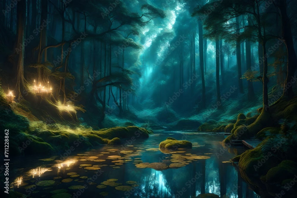 Fantasy landscape, magical night, fairy tale forest. Digital art, ai artwork, background or wallpaper By BubertArt-