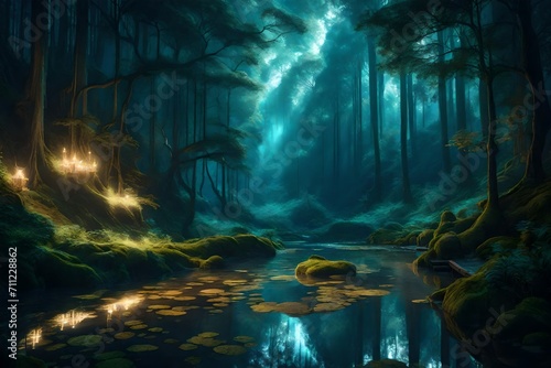 Fantasy landscape, magical night, fairy tale forest. Digital art, ai artwork, background or wallpaper By BubertArt-