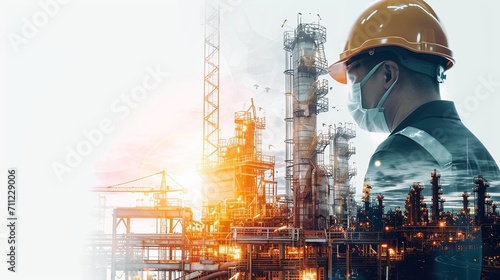 Synergy of industrial, technology, safety, and environmental work concepts through a double exposure featuring an engineer in a safety helmet against the backdrop of an oil plant. Generative Ai © DARIKA