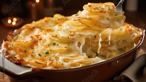 An artfully arranged food shot showcasing a slice of scalloped potatoes being delicately lifted out of a casserole dish, showcasing the creamy texture that brings comfort and gratification