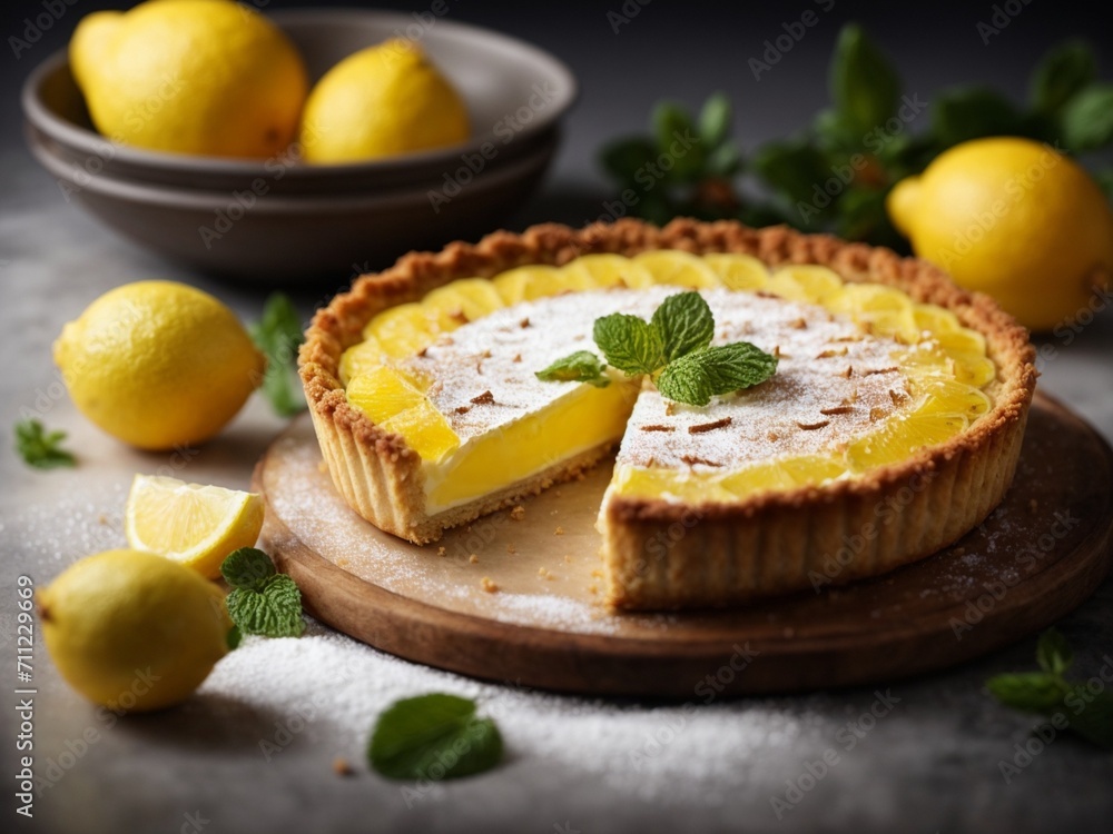 Classic French Lemon Tart, tart au citron, crisp buttery crust with luscious lemon custard. Cinematic food 