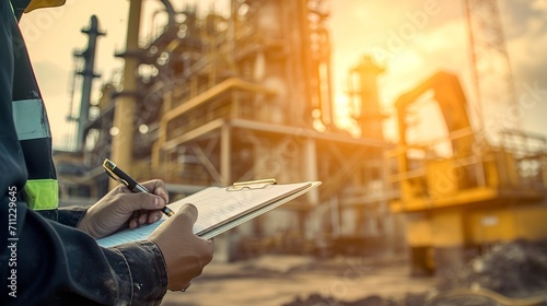 Oil refinery engineer managing daily inspections using a notebook, amidst an industrial backdrop. The synergy of industrial, technology, safety, and environmental work concepts. Generative Ai