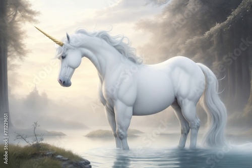 A majestic white unicorn amidst a serene and mystical forest landscape  an epitome of ethereal beauty and magic