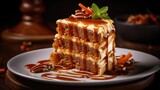 A tempting photograph capturing the caramel drizzle on top of a slice of carrot cake. The rich, smooth caramel cascades down the sides, infusing every bite with its indulgent sweetness,