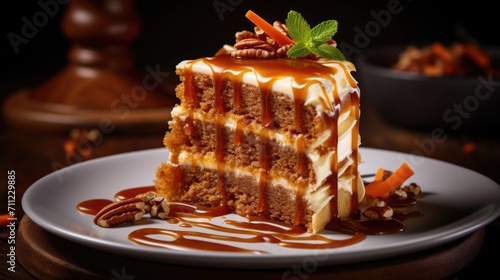 A tempting photograph capturing the caramel drizzle on top of a slice of carrot cake. The rich, smooth caramel cascades down the sides, infusing every bite with its indulgent sweetness,