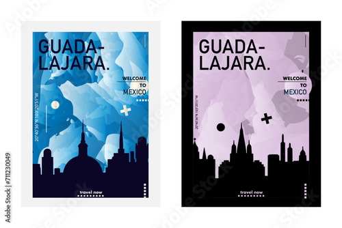Guadalajara city poster pack with abstract skyline, cityscape, landmark and attraction. Mexico, Jalisco megacity vector illustration layout set for vertical brochure, website, flyer, presentation photo