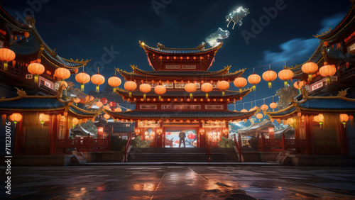 Chinese new year, Traditional Chinese lanterns display in Temple illuminated for Chinese new year festival, at night. Year of dragon, 2024. 