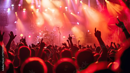 enthusiastic fans at a summer concert, with a popular band playing live on a brightly lit stage 