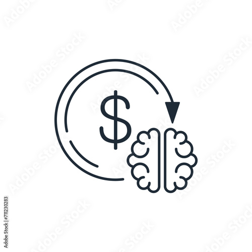 Money connects with brains. Properly dispose, manage and distribute financial funds.Vector linear icon isolated on white background.