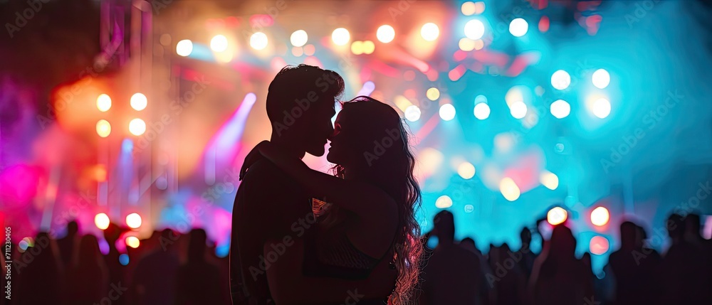 couple sharing a moment at a summer music concert, with the stage illuminated by colorful lights - obrazy, fototapety, plakaty 