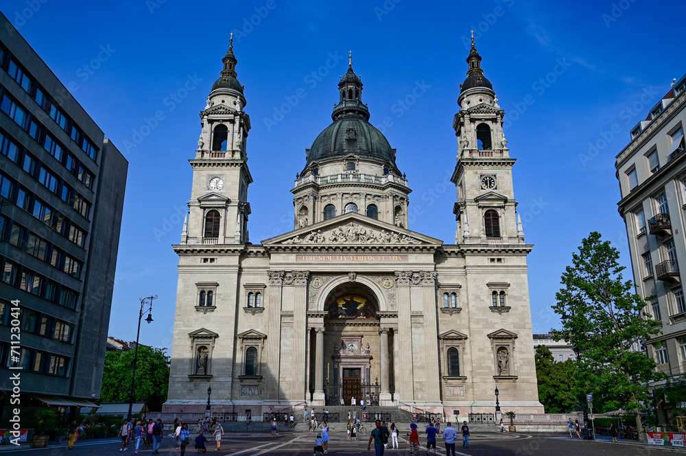 Church of St. Stephen's Basilica, Szent Istvan Bazilika in Budapest, portal front with facade with dome of the famous church in Budapest, Hungary