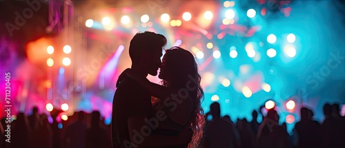 couple sharing a moment at a summer music concert, with the stage illuminated by colorful lights