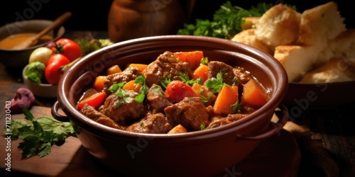 A luscious lamb stew, overflowing with mouthwatering chunks of meat and an assortment of vibrant vegetables, is captured in this sctious shot, exuding warmth and comfort with its enticing