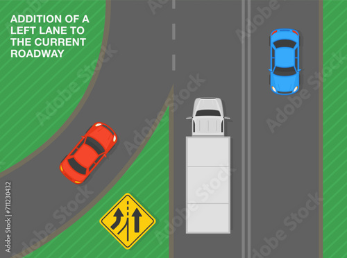 Safe driving tips and traffic regulation rules. Addition of a left lane to the current roadway. Top view of a traffic flow on highway. Flat vector illustration template.