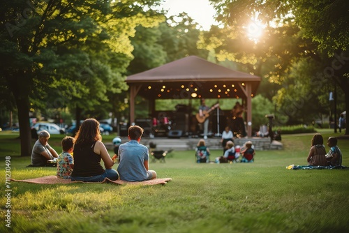  family enjoying a laid-back summer music concert in a community park, with a local band playing on a small stage  photo