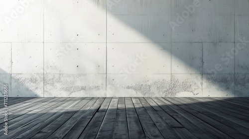 Concrete wall and wood floor with sunlight. Abstract background texture.