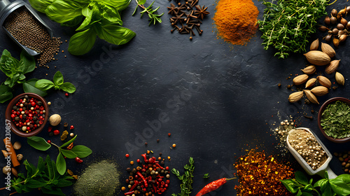 Spices and herbs on dark textured background, Different seasonings, Food and cuisine ingredients wide banner, Flat lay, top view, food design, frame with copy space. 