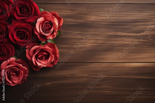 Valentines day party decorations background, Red flowers, rose on a dark, wooden background, copy space banner.