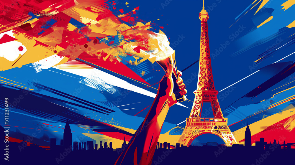 Paris olympics games France 2024 ceremony running sports Eiffel tower summer artwork painting commencement torch - obrazy, fototapety, plakaty 