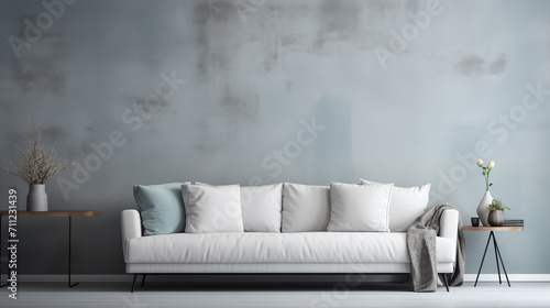 White sofa or couch with side tables on a solid gray background, banner size, fresh and calm interior, 