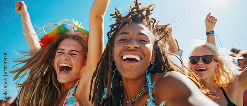  teenagers enjoying a summer music festival, dancing and laughing under a bright blue sky  photo