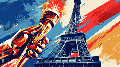 Paris olympics games France 2024 ceremony running sports Eiffel tower summer artwork painting commencement torch photo