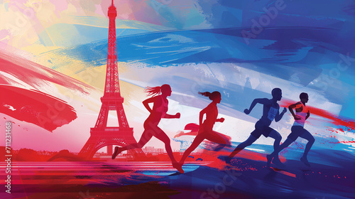 Paris olympics games France 2024 ceremony running sports Eiffel tower summer artwork painting commencement torch