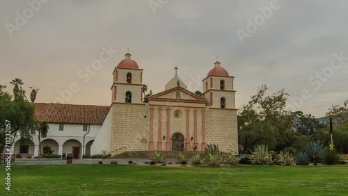 4K, Moving, Hyperlapse, Santa Barbara Mission, Sunset, Spanish Architecture