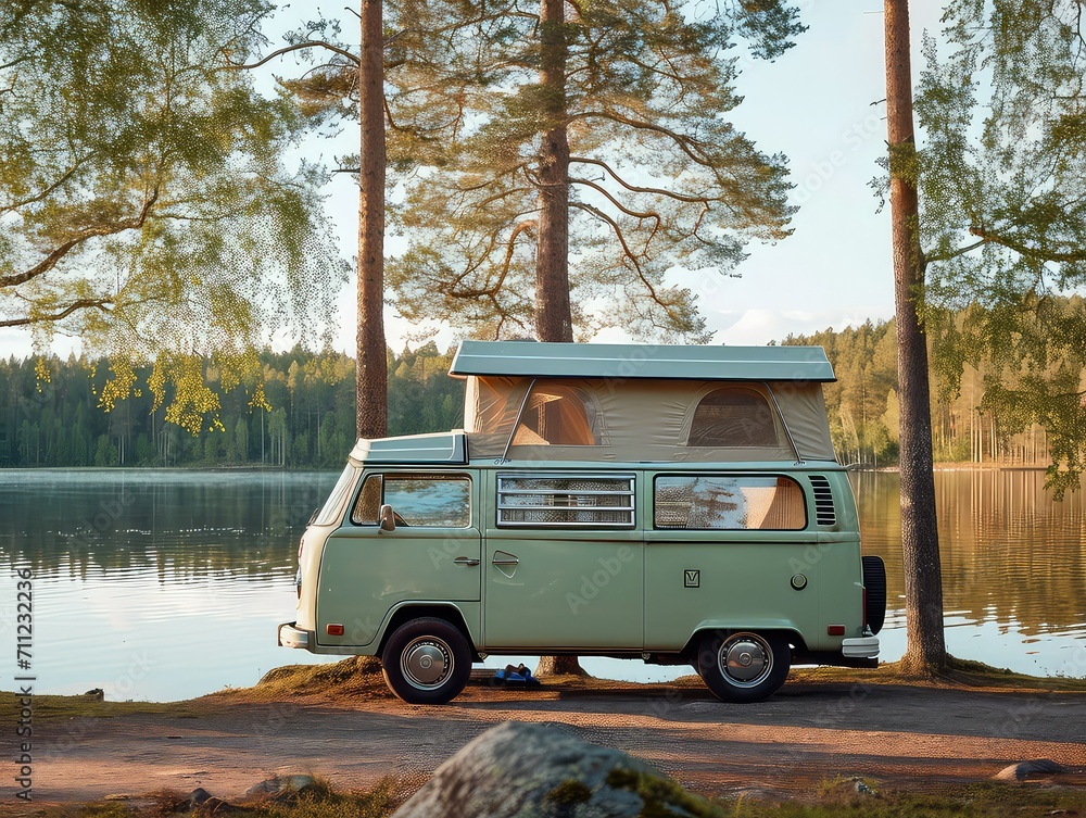 vintage van, parked by a lakeside, enjoying a chilled-out summer evening