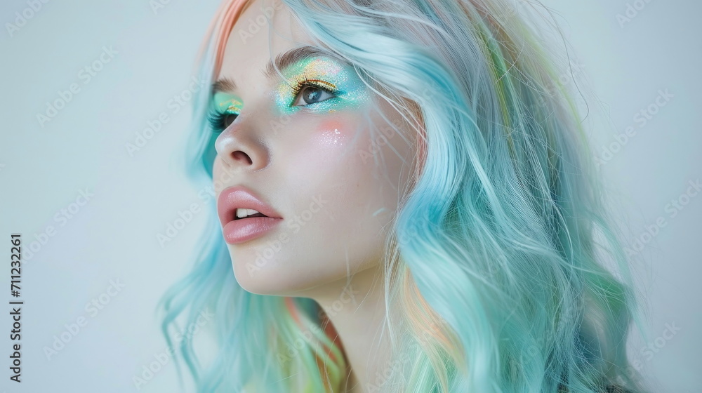 Portrait of a woman with creative makeup resembling a mermaid with colorful hair. Portrait of a woman with creative makeup resembling a mermaid with colorful hair.
