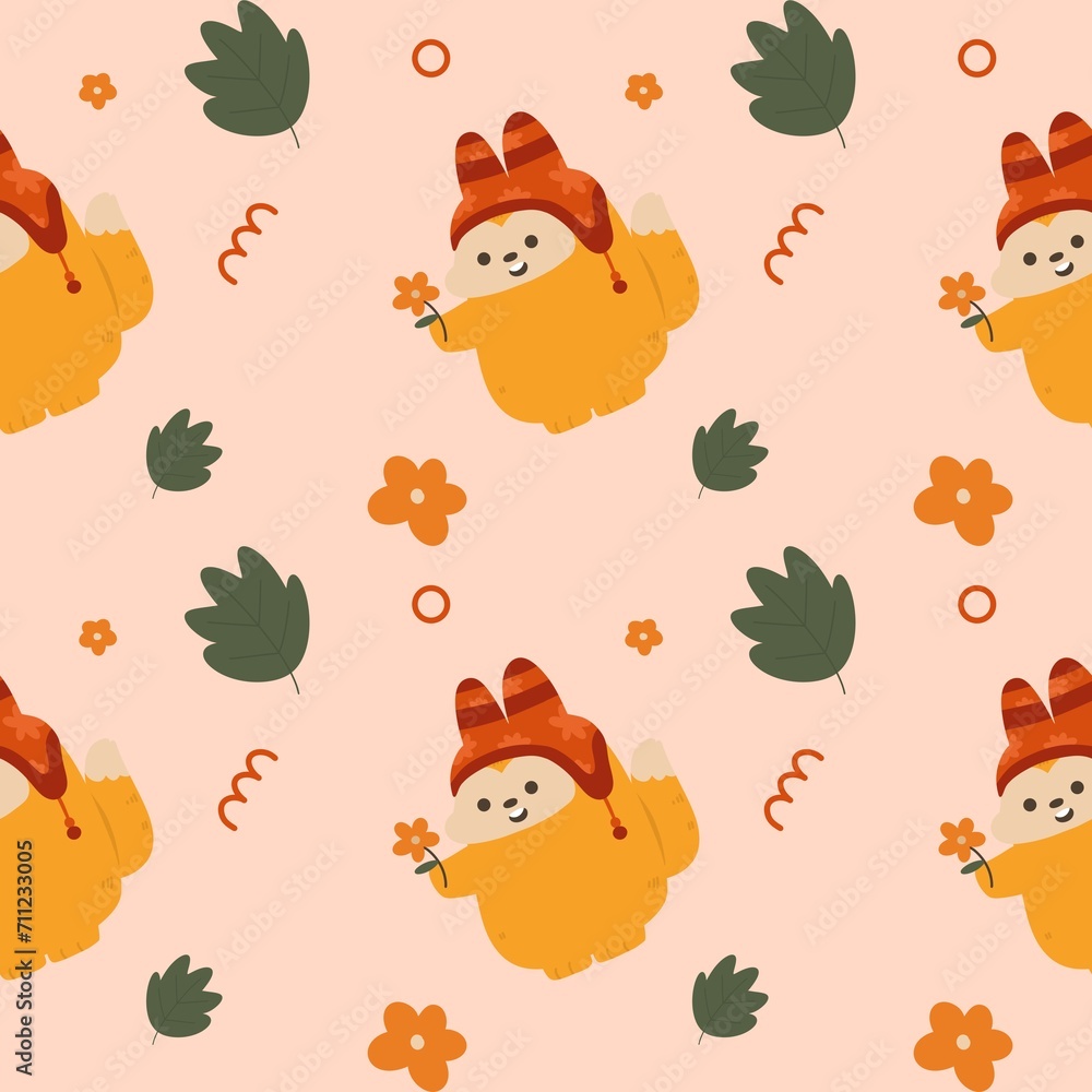 Fototapeta premium Cute red fox cartoon fall autumn forest flower watercolor seamless pattern for wallpaper fabric background