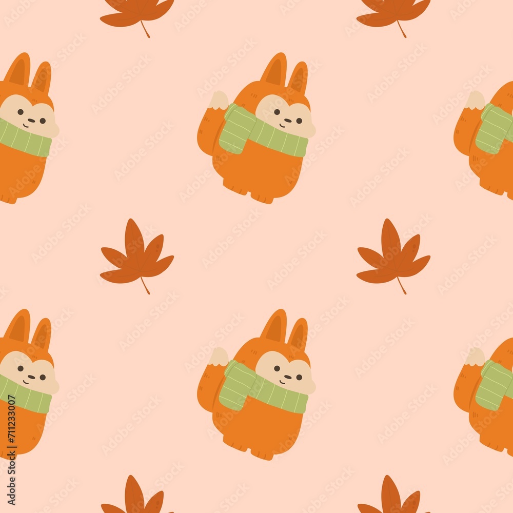 Fototapeta premium Cute red fox cartoon and maple fall autumn forest flower watercolor seamless pattern for wallpaper fabric background