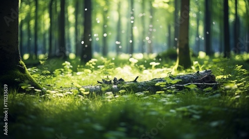 A beautifully blurred scene of a sunlit forest, with vivid green trees and untamed grass creating an idyllic, natural spring backdrop