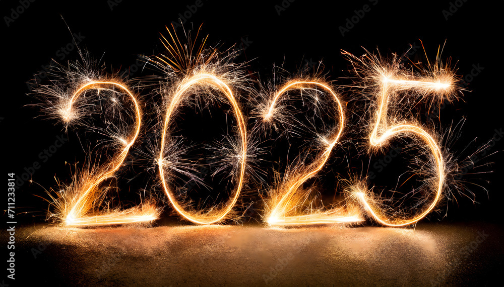 Year of 2025. Number 2025 written sparkling sparklers on black background Year of 2025. Number 2025 written sparkling sparklers on black background