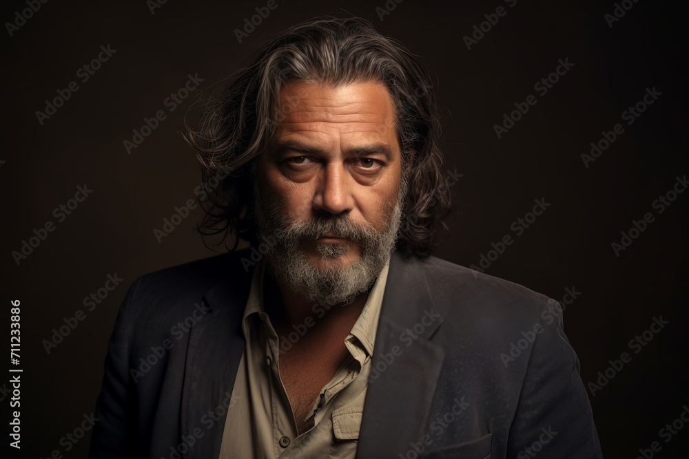 Portrait of a handsome mature man with long gray hair and beard wearing a suit on a dark background Portrait of a handsome mature man with long gray hair and beard wearing a suit on a dark background
