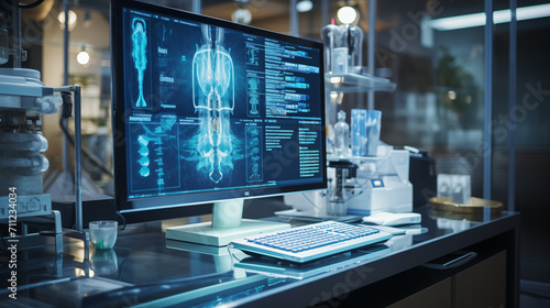 A doctor or technician using an AI-powered diagnostic system to analyze medical images such as X-rays or MRI scans for accurate disease detection,
