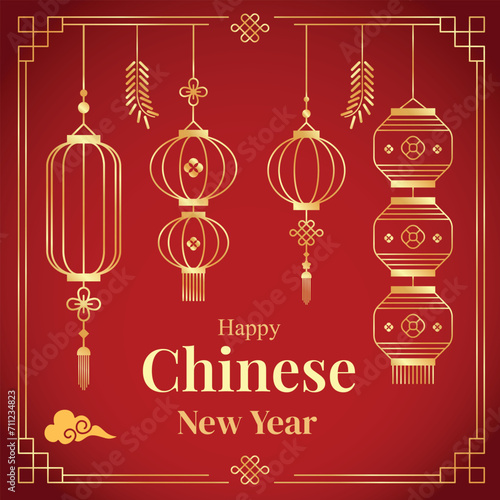Happy Chinese New Year vector, Year of the Dragon banner template design on a gradient red background, gold hanging lantern. Modern luxury oriental illustration for cover, banner, website.